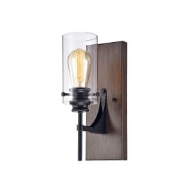 Stravo 1-light Black and Faux Wood Finish Metal Wall Sconce with Glass Cylinder Shade