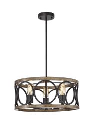 Shacer Matte Black/ Faux Wood 3-light Drum Cage Chandelier with Hoop Design